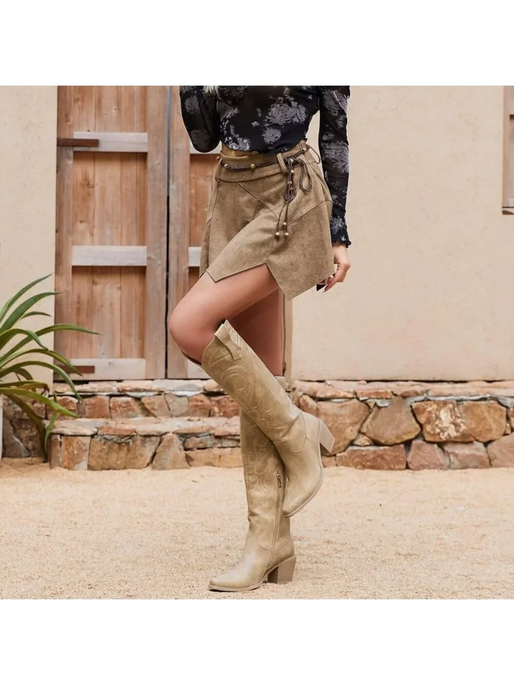 Women's Apricot Western Knee High Cowgirl Boots Zipper Convenience Casual Wear